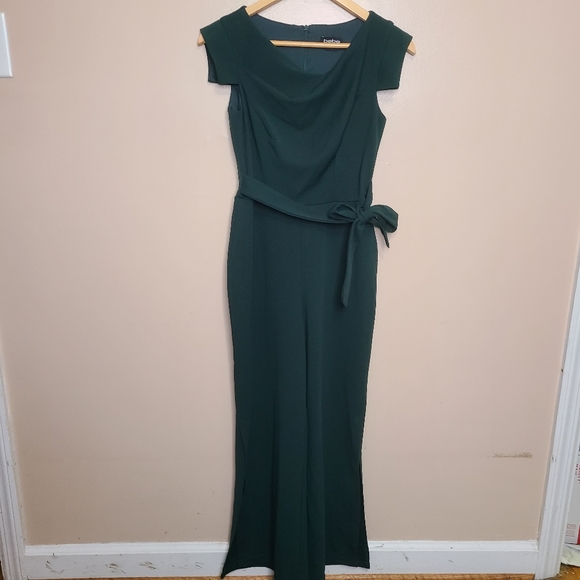 Bebe Side Slit Wideleg Jumpsuit Green Tie Waist - Picture 2 of 14
